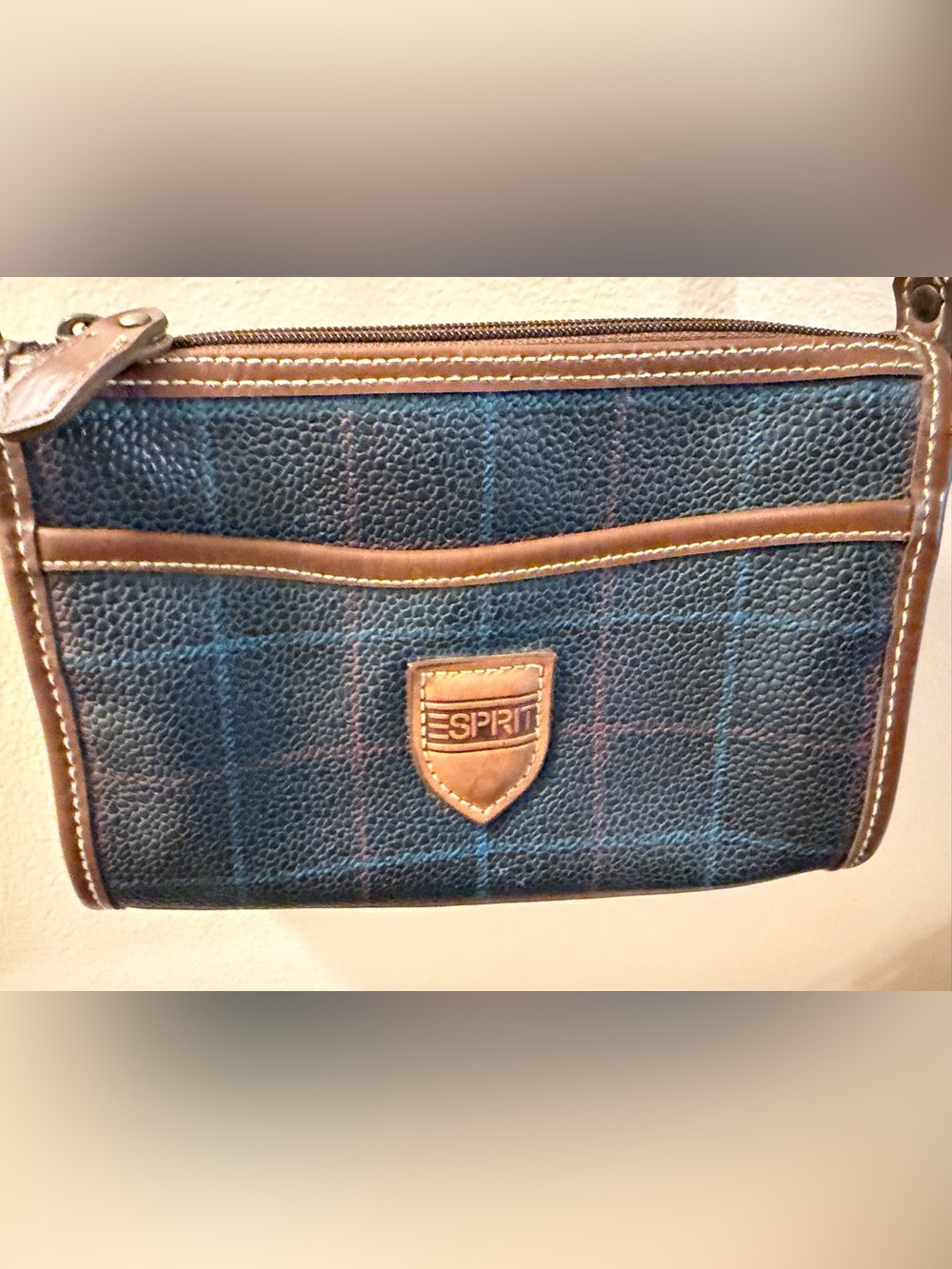 Esprit Navy Plaid Crossbody Bag with Brown Trim